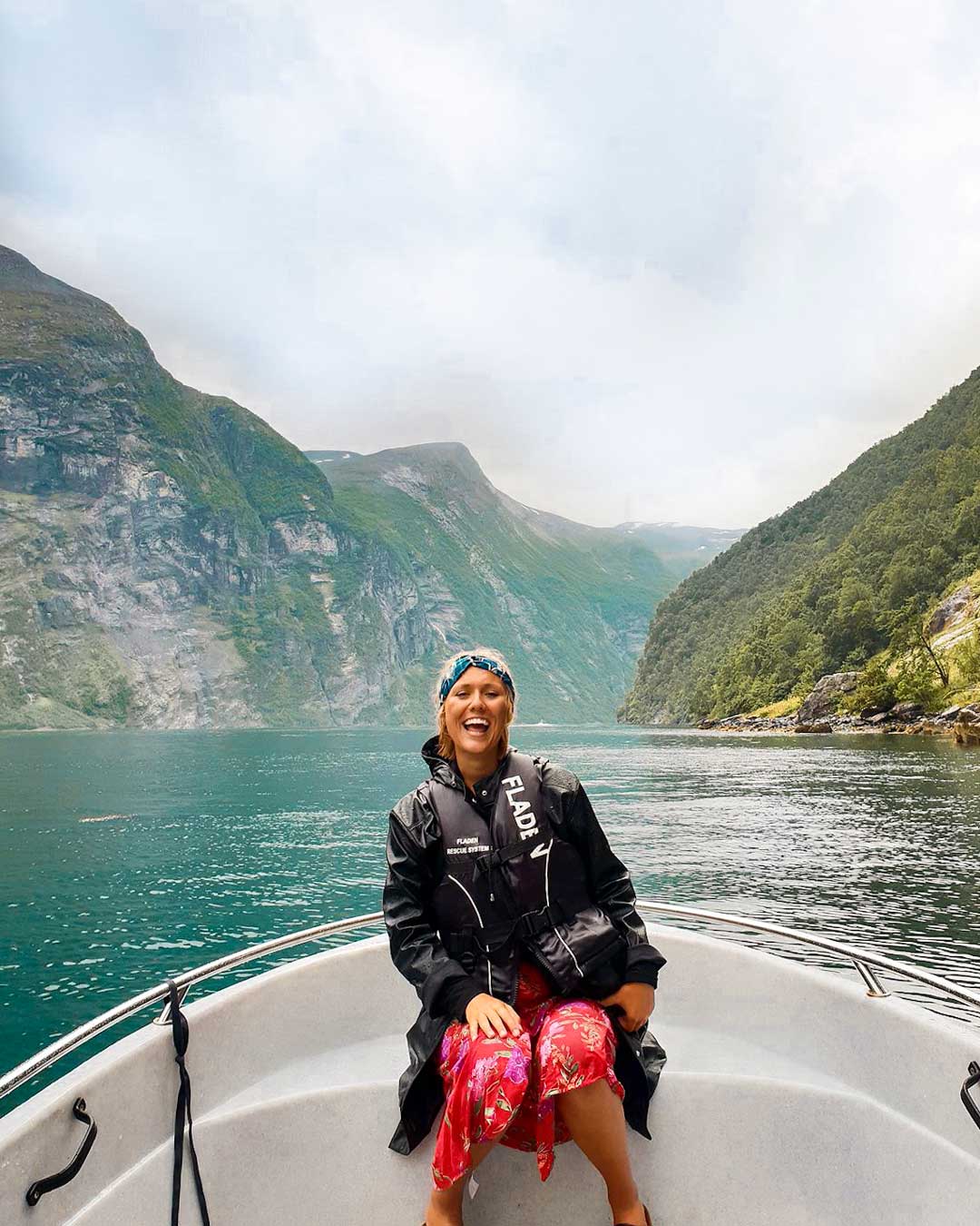 Woman on boat at Geirangerfjord